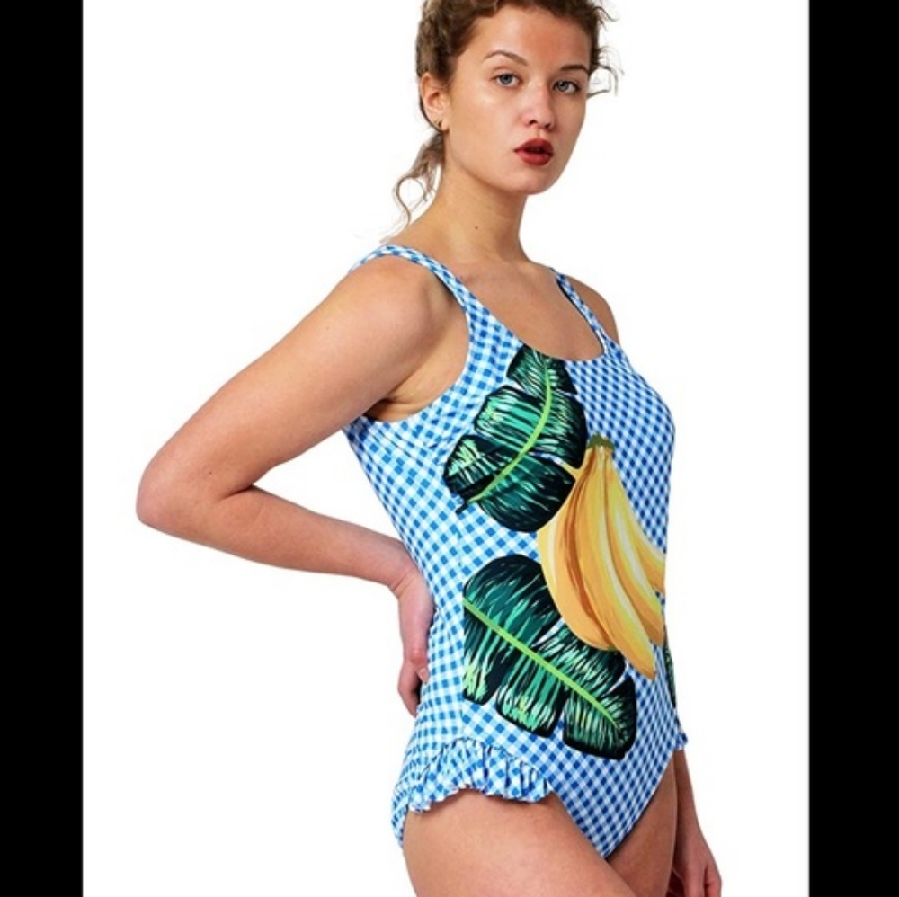 NWT Juicy Couture Blue Gingham Banana One Piece Swimsuit Large